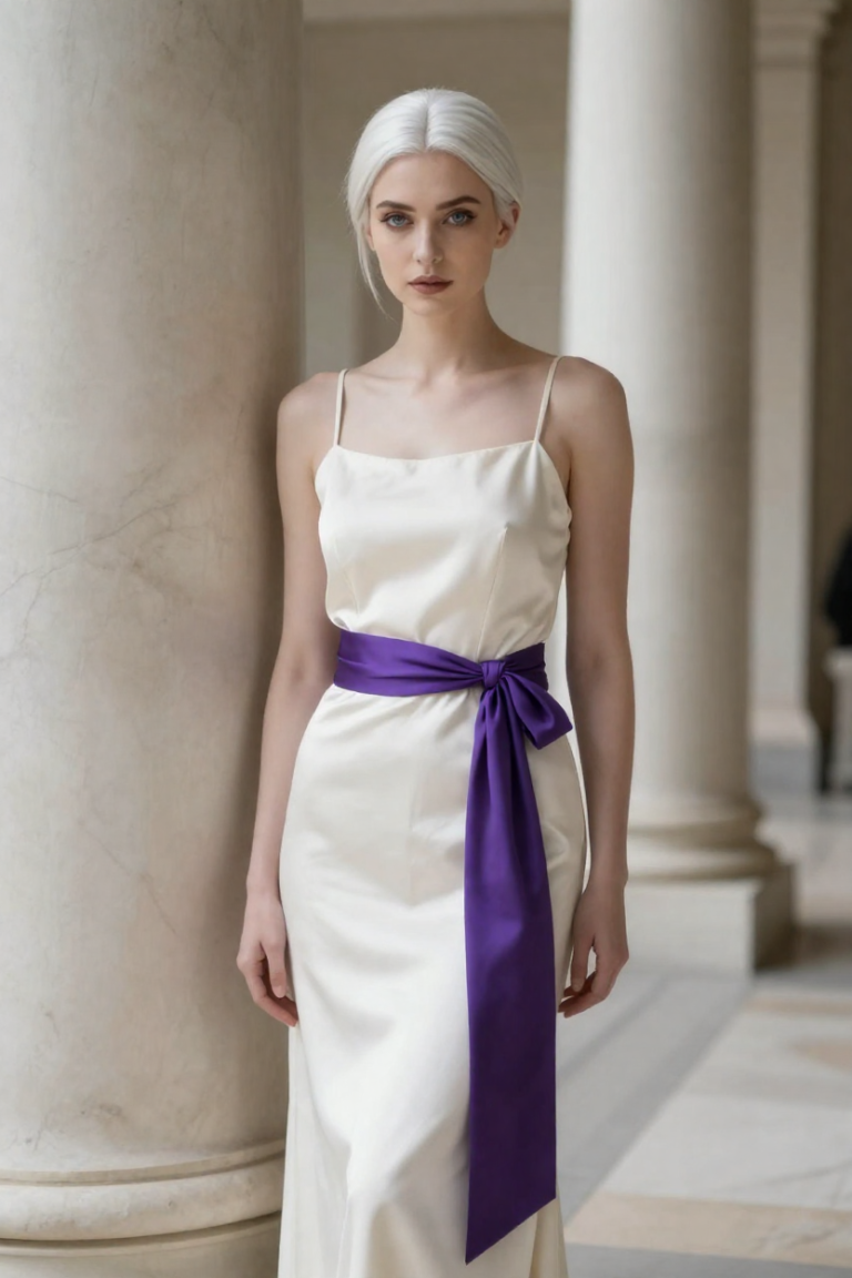 CreatorLinkKing gallery portrait: a fictional adult star with platinum-white centre-parted hair, wearing an ivory silk gown with a deep purple sash beside a marble column in a neoclassical gallery